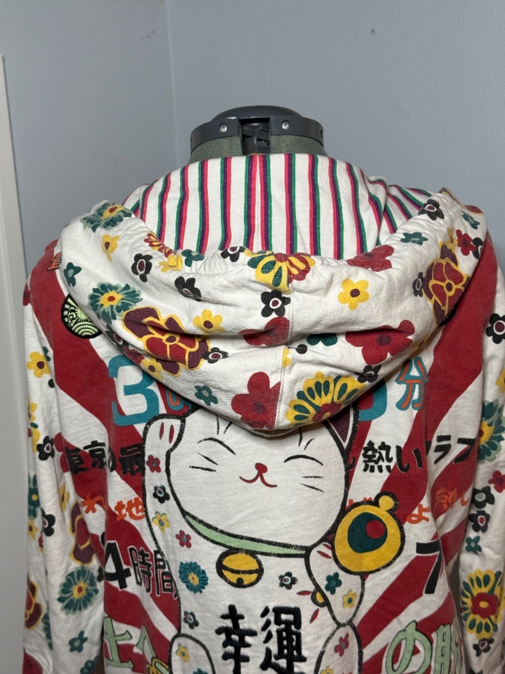 Y2K Lucky Brand "Shibuya Kitty" XL Applique Hoodie Rising Sun Striped Floral - Picture 9 of 11